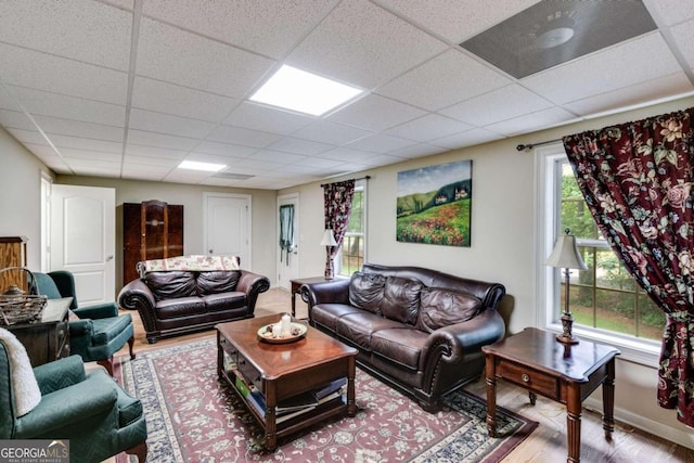 living room with a paneled ceiling and light hardwood / wood-style flooring