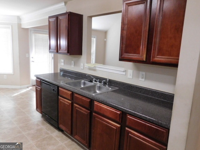 kitchen featuring crown molding, dishwasher, and sink