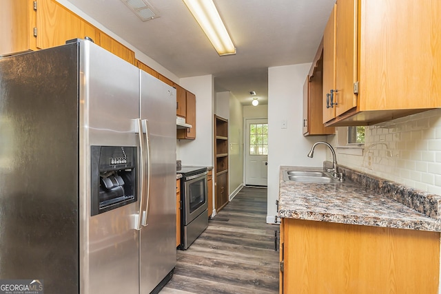 kitchen featuring decorative backsplash, sink, dark hardwood / wood-style floors, and appliances with stainless steel finishes