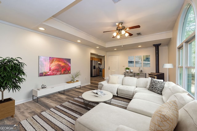 living room with a raised ceiling, dark hardwood / wood-style floors, a wood stove, and ceiling fan