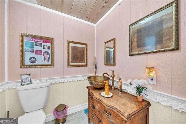 bathroom featuring vanity, wood walls, toilet, and wood ceiling