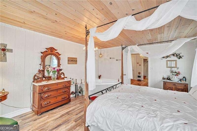 bedroom with light wood-type flooring, wooden ceiling, and wood walls