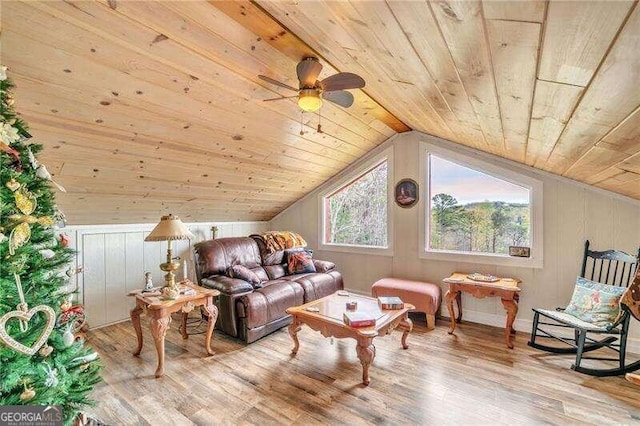 sitting room featuring ceiling fan, wood ceiling, lofted ceiling, and light wood-type flooring