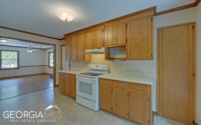 kitchen featuring a textured ceiling, white electric stove, ceiling fan, and ornamental molding