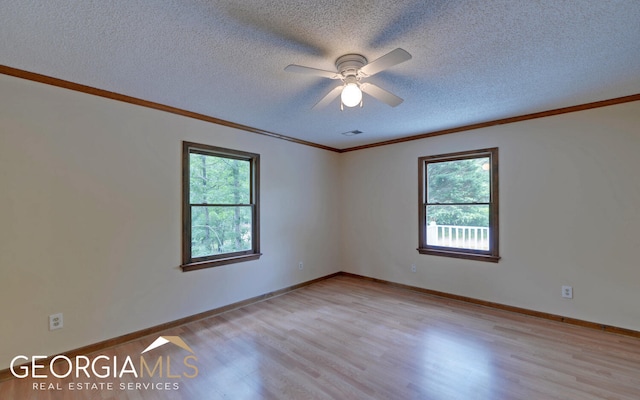 empty room with plenty of natural light, light wood-type flooring, and a textured ceiling