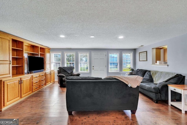 living room featuring a textured ceiling, dark hardwood / wood-style floors, and a wealth of natural light