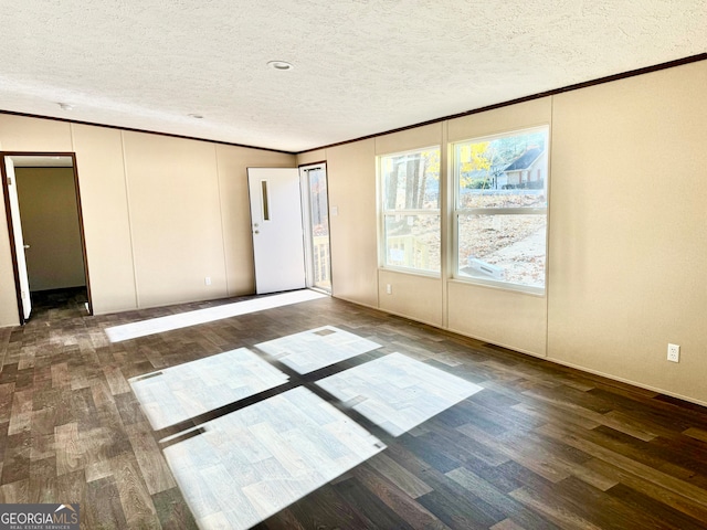 spare room with a textured ceiling and dark hardwood / wood-style floors