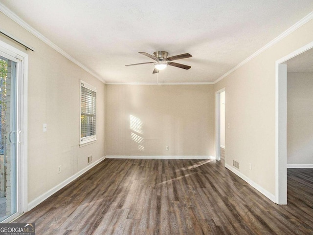 unfurnished room featuring ceiling fan, crown molding, and dark wood-type flooring