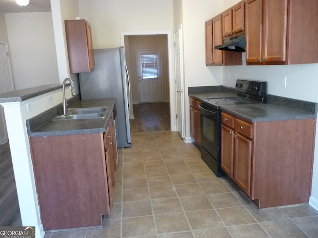 kitchen featuring sink, electric range, and kitchen peninsula