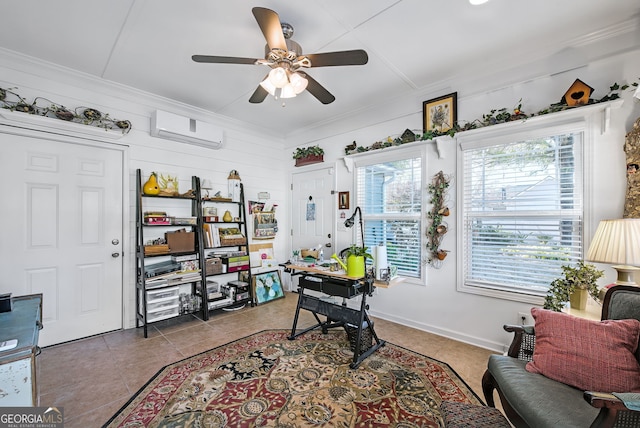 office featuring a wall mounted air conditioner, ceiling fan, wood walls, and ornamental molding