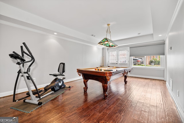 recreation room with hardwood / wood-style flooring, crown molding, and pool table