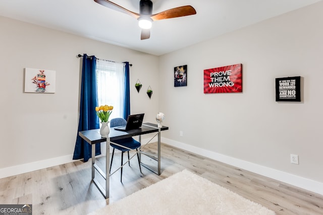 office area featuring ceiling fan and light wood-type flooring