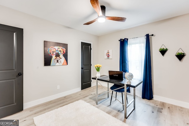 office space with ceiling fan and light hardwood / wood-style floors