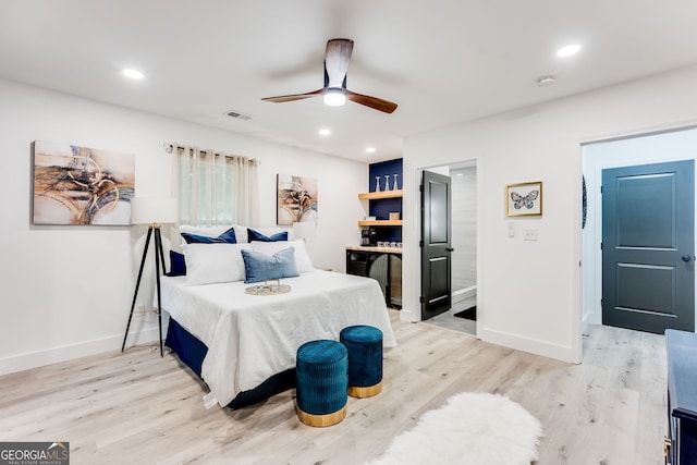 bedroom featuring ceiling fan and light wood-type flooring