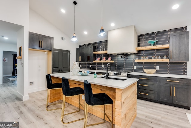 kitchen featuring a breakfast bar, sink, light wood-type flooring, and a kitchen island with sink