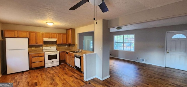 kitchen with decorative backsplash, sink, dark hardwood / wood-style floors, and white appliances