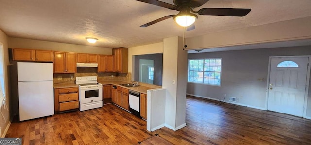 kitchen with ceiling fan, dark hardwood / wood-style flooring, white appliances, and backsplash