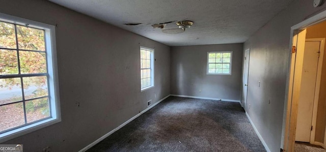 carpeted spare room with a textured ceiling