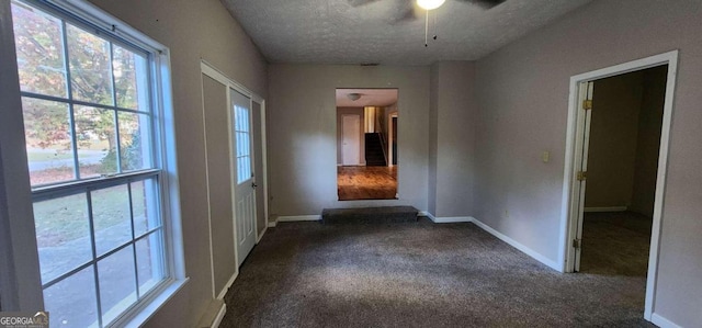 carpeted spare room featuring a wealth of natural light, ceiling fan, and a textured ceiling