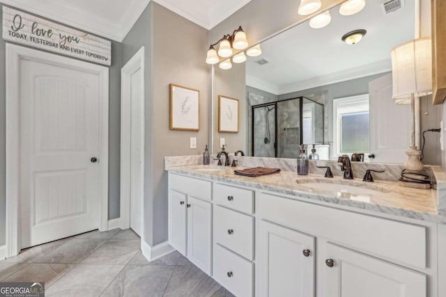 bathroom with tile patterned flooring, vanity, a shower with door, and ornamental molding