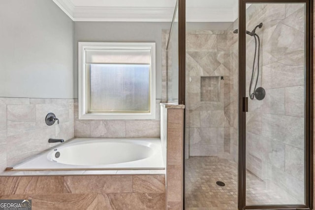 bathroom with plus walk in shower and ornamental molding