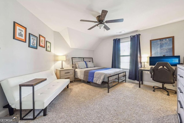 carpeted bedroom featuring ceiling fan and lofted ceiling