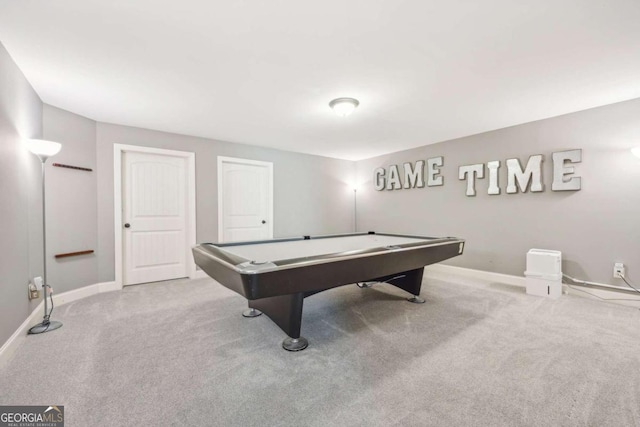 game room with light colored carpet and pool table