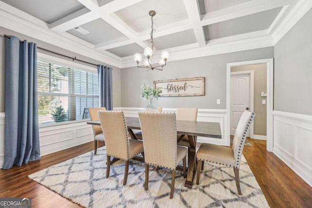 dining area featuring ornamental molding, coffered ceiling, dark wood-type flooring, beamed ceiling, and a chandelier