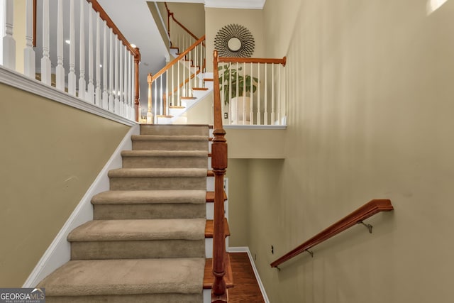 staircase with hardwood / wood-style floors and a high ceiling