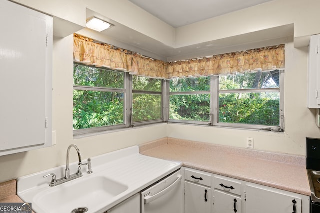 kitchen with white cabinets, dishwasher, and sink