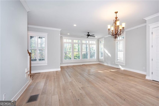 interior space featuring crown molding, a healthy amount of sunlight, ceiling fan with notable chandelier, and light hardwood / wood-style floors