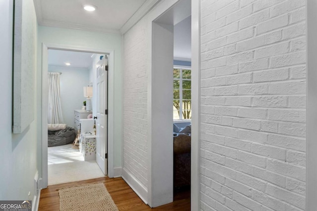 hallway with wood-type flooring and crown molding