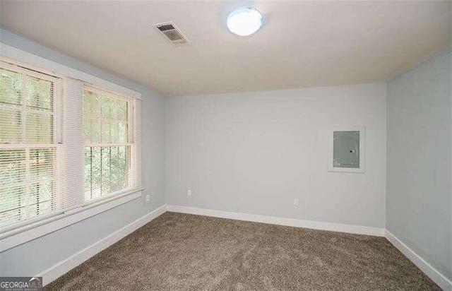 carpeted spare room with electric panel