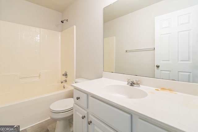 full bathroom featuring bathtub / shower combination, tile patterned floors, vanity, and toilet