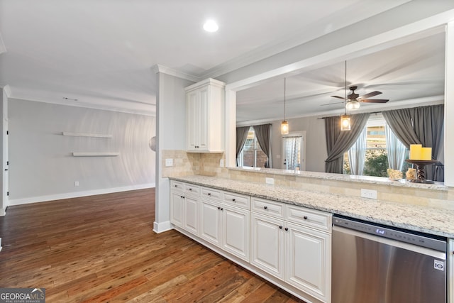 kitchen with light stone countertops, stainless steel dishwasher, ceiling fan, dark hardwood / wood-style floors, and white cabinetry