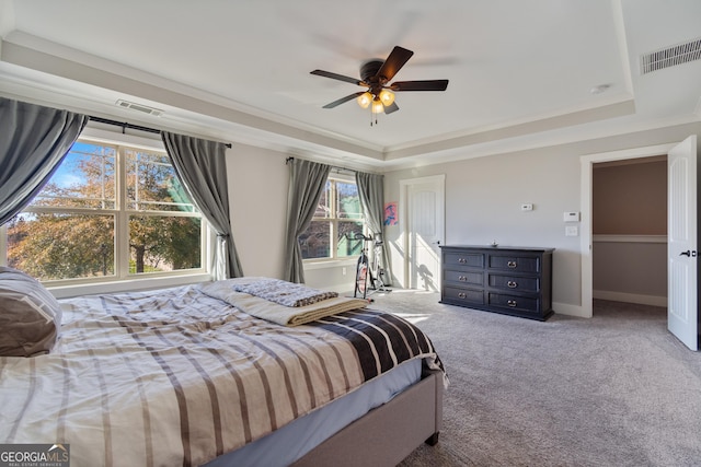 carpeted bedroom with ceiling fan, a raised ceiling, crown molding, and multiple windows