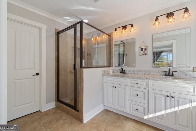 bathroom with tile patterned flooring, vanity, an enclosed shower, and ornamental molding