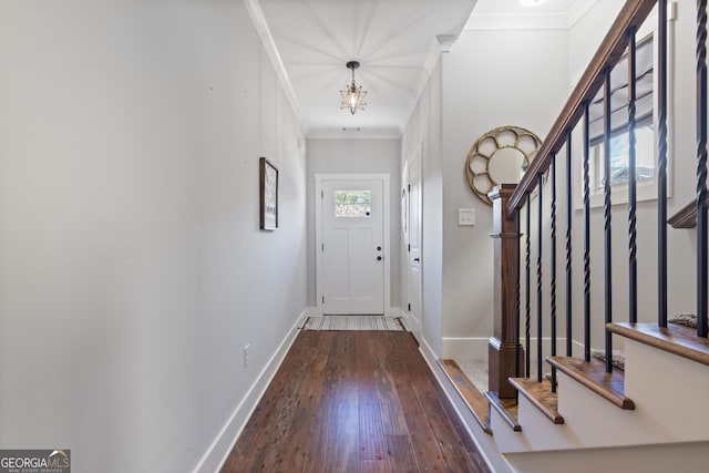 entryway with ornamental molding, dark wood-type flooring, and an inviting chandelier