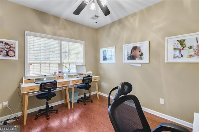 office area featuring ceiling fan and wood-type flooring