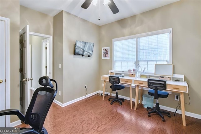 office area featuring ceiling fan and wood-type flooring