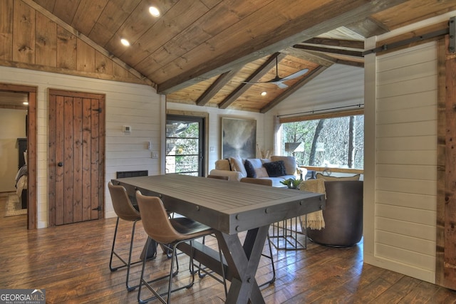 dining area featuring dark hardwood / wood-style flooring, lofted ceiling with beams, a wealth of natural light, and wood ceiling