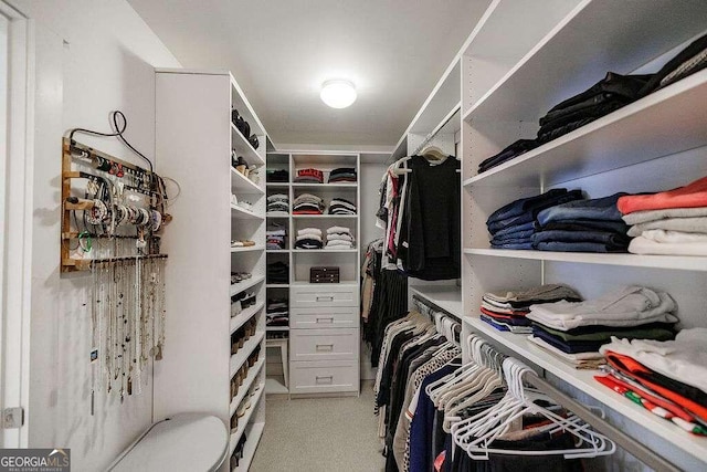 walk in closet featuring light colored carpet