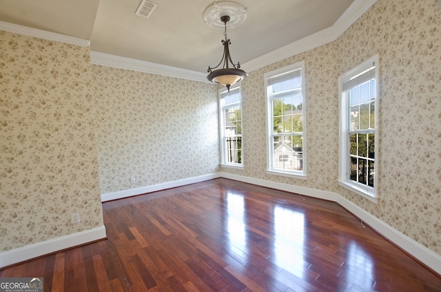 unfurnished dining area with dark hardwood / wood-style flooring and crown molding