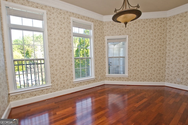 spare room with crown molding and hardwood / wood-style flooring