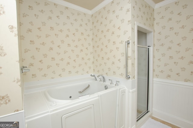 bathroom with shower with separate bathtub and crown molding