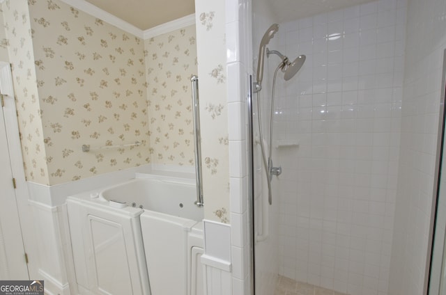 bathroom featuring separate shower and tub and ornamental molding