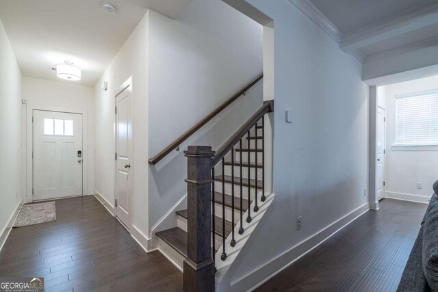 entryway featuring dark hardwood / wood-style flooring and ornamental molding