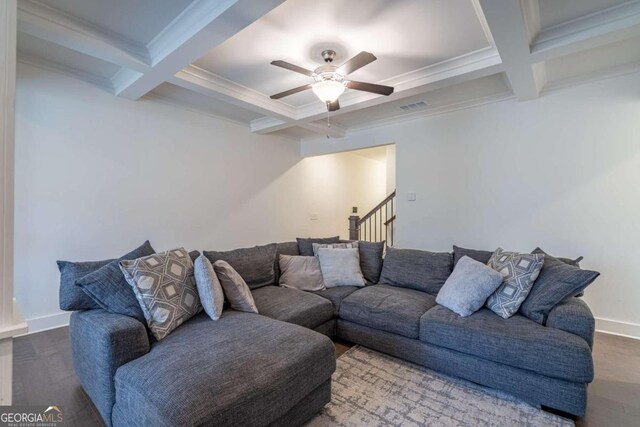 living room featuring beamed ceiling, dark hardwood / wood-style flooring, and coffered ceiling