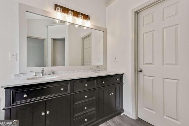 bathroom with vanity and wood-type flooring