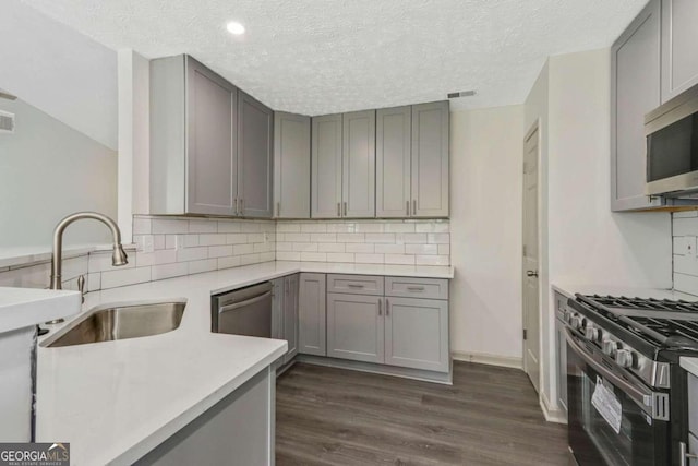 kitchen featuring gray cabinetry, sink, a textured ceiling, dark hardwood / wood-style flooring, and stainless steel appliances